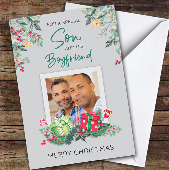 Special Son And His Boyfriend Gifts Holly Photo Personalized Christmas Card