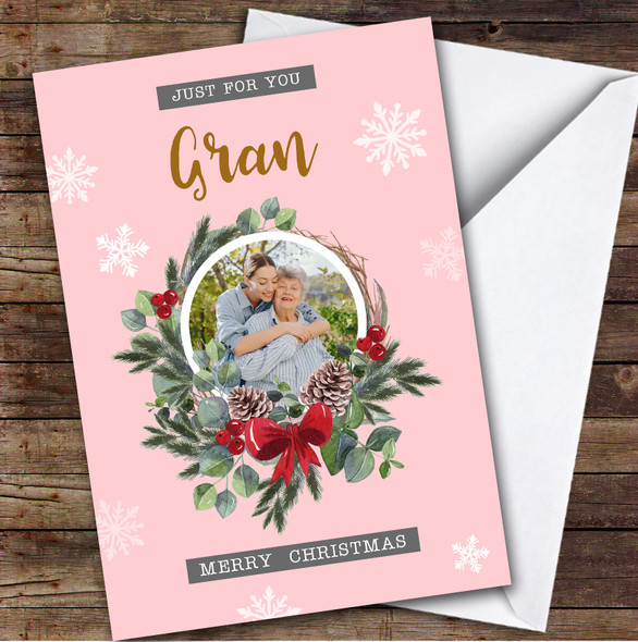 Pink Gran Christmas Holly Wreath Photo Painted Personalized Christmas Card