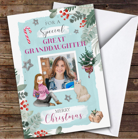 Great Granddaughter Christmas Girl Fluffy Cat Photo Personalized Christmas Card