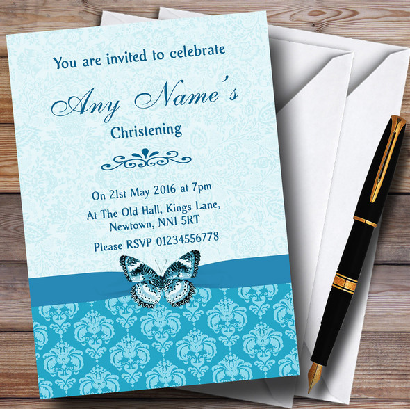 Tiffany Blue Turquoise Vintage Floral Damask Butterfly Personalized Christening Invitations