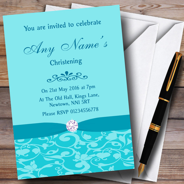 Tiffany Blue Vintage Floral Damask Diamante Personalized Christening Invitations