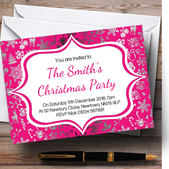Hot Pink & Silver Classique Personalized Christmas Party Invitations