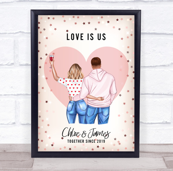 Pink Heart Gold Stars Romantic Gift For Him or Her Personalized Couple Print
