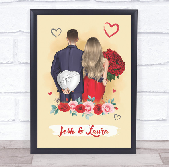 Red Roses Hearts Romantic Gift For Him or Her Personalized Couple Print