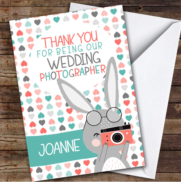 Thank You Wedding Photographer Pink Blue Hearts Bunny Personalized Card