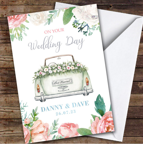 On Your Wedding Day Just Married Car Floral Personalized Greetings Card