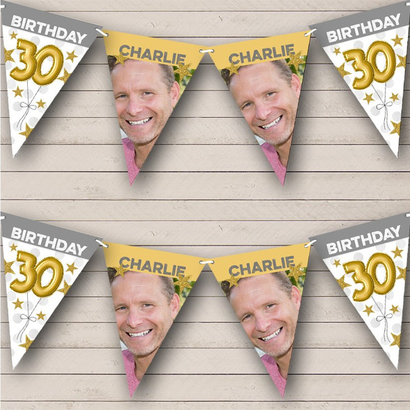 30th Birthday Balloons Photo Gold Grey Stars Personalized Party Banner Bunting