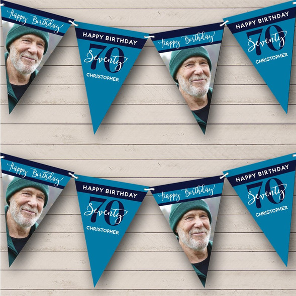 70th Birthday Male Blue Minimalist Photo Personalized Party Banner Bunting