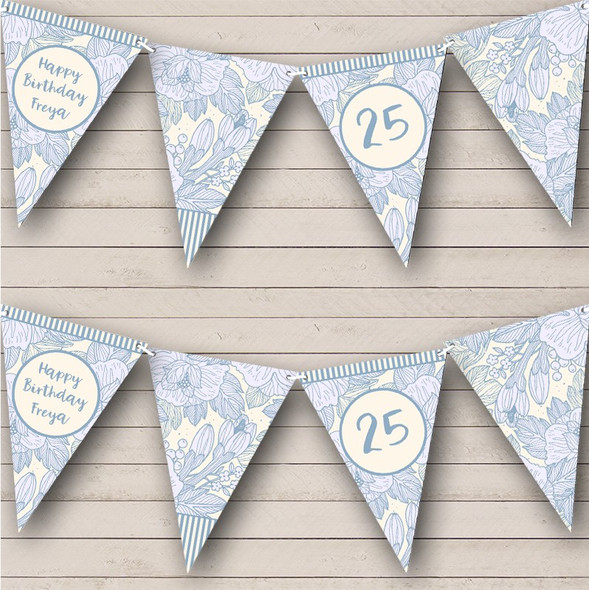 Baby Blue Drawn Floral Birthday Age Personalized Party Banner Bunting