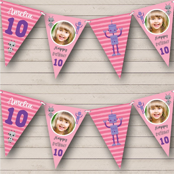 10th Birthday Girl Kids Robot Pink Purple Photo Any Age Personalized Bunting