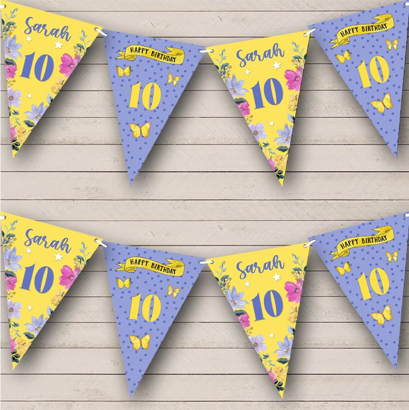 10th Birthday Girl Pretty Flowers Purple Yellow Any Age Personalized Bunting