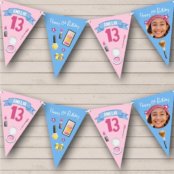 13th Birthday Girl Make Up Painted Photo Pink & Any Age Personalized Bunting