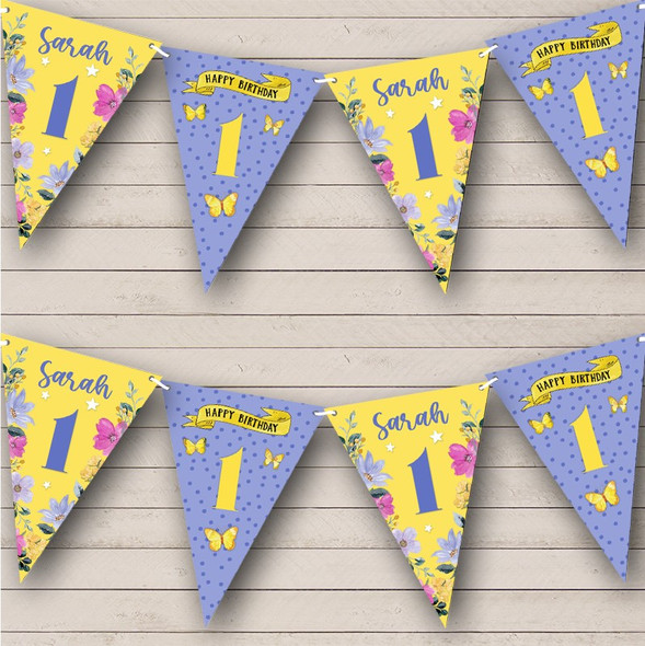 1st Birthday Girl Pretty Flowers Purple Yellow Any Age Personalized Bunting