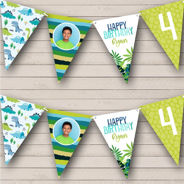Green Kids Dinosaurs Photo Age Birthday Personalized Party Banner Bunting
