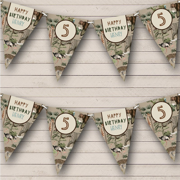Jungle Animals Kids Birthday Wild One Age Personalized Party Banner Bunting