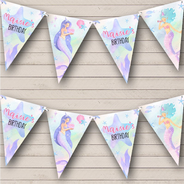 Kid's Birthday Watercolor Pastel Mermaids Personalized Party Banner Bunting