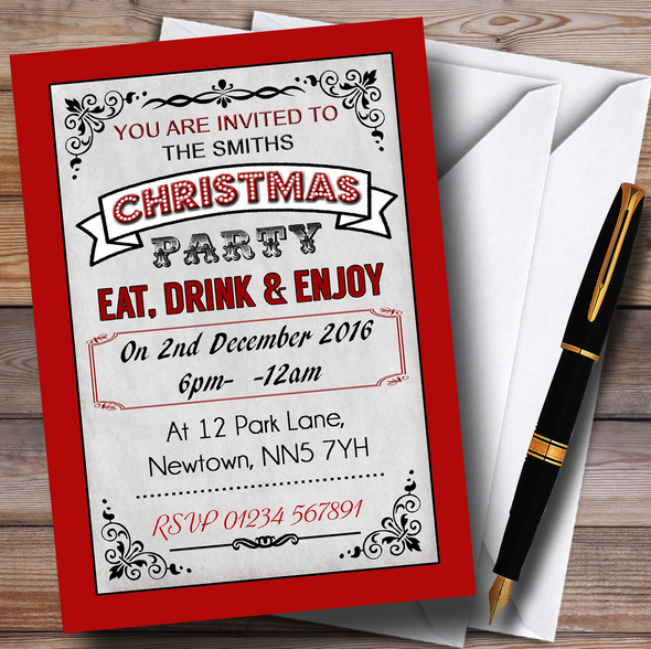 Red Vintage Carnival Personalized Christmas Party Invitations