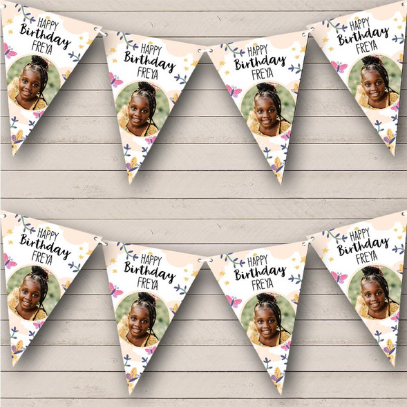 Pink Purple Butterfly Cute Birthday Photo Personalized Party Banner Bunting