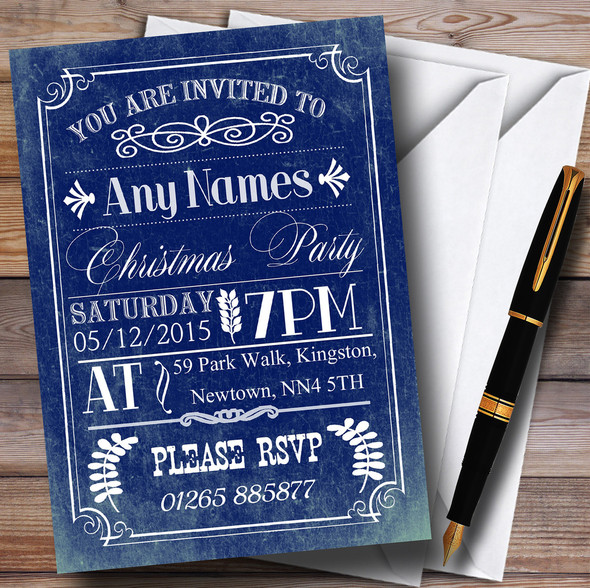 Vintage Retro Blue Personalized Christmas Party Invitations