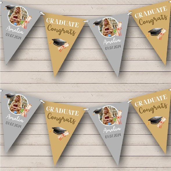 Graduate Congrats Photo Gold Silver Hat Graduation Personalized Banner Bunting