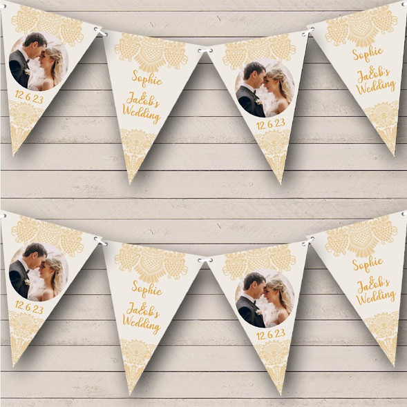 Beige Gold Classic Ornament Wedding Date Photo Personalized Party Banner Bunting