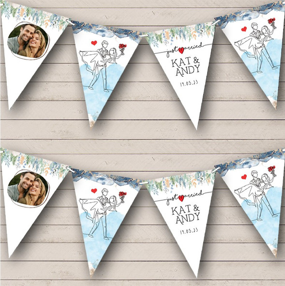 Just Married Line Couple Watercolor Floral Navy Gold Photo Personalized Bunting