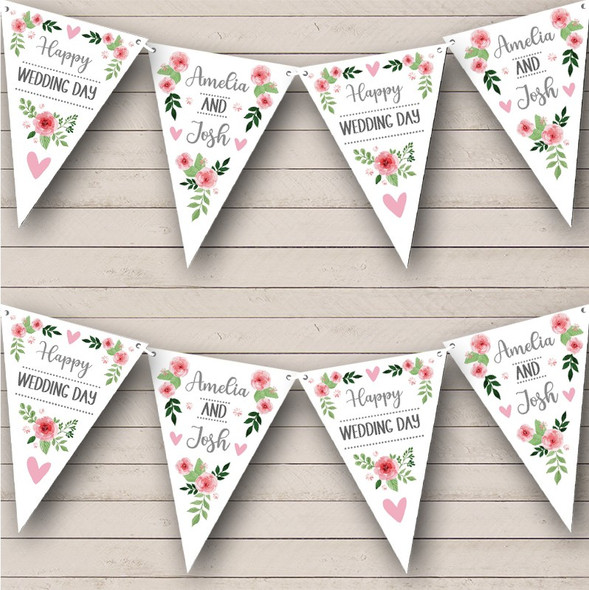 Wedding Day Pink Flowers Personalized Party Banner Bunting