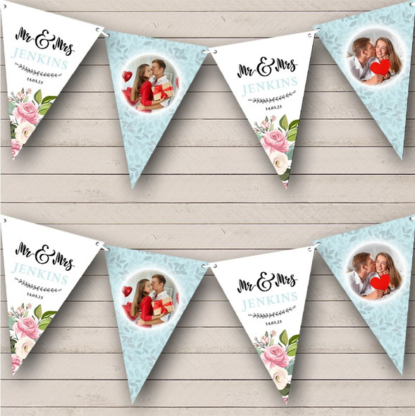 Wedding Day Teal Leaves & Roses Photo Personalized Party Banner Bunting