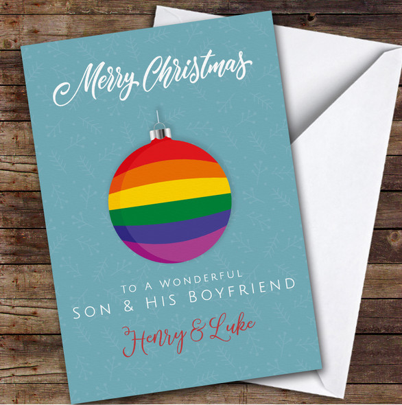 Son & His Boyfriend LGBT Rainbow Bauble Custom Personalized Christmas Card