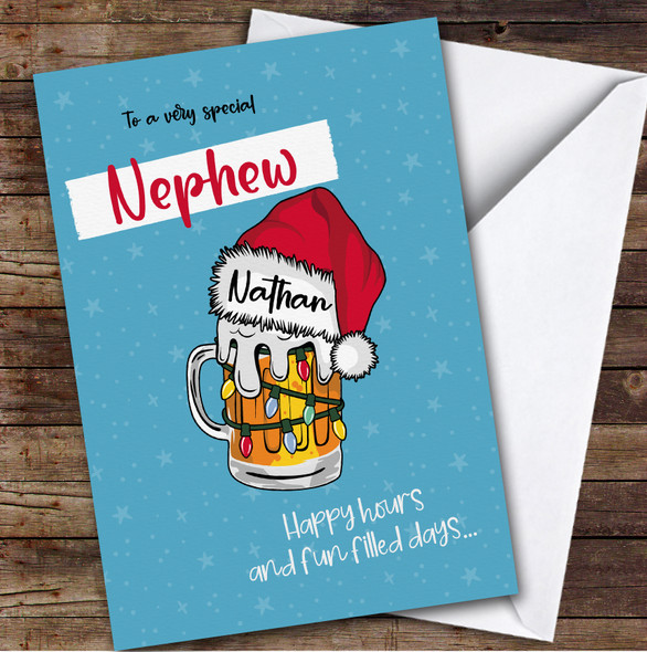 Nephew Santa´s Hat On Beer Glass Custom Greeting Personalized Christmas Card