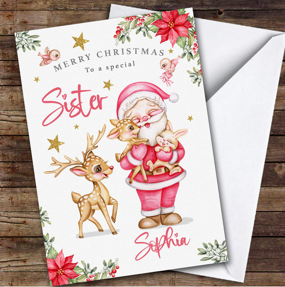 Sister Santa With Deer And Bunny Custom Greeting Personalized Christmas Card