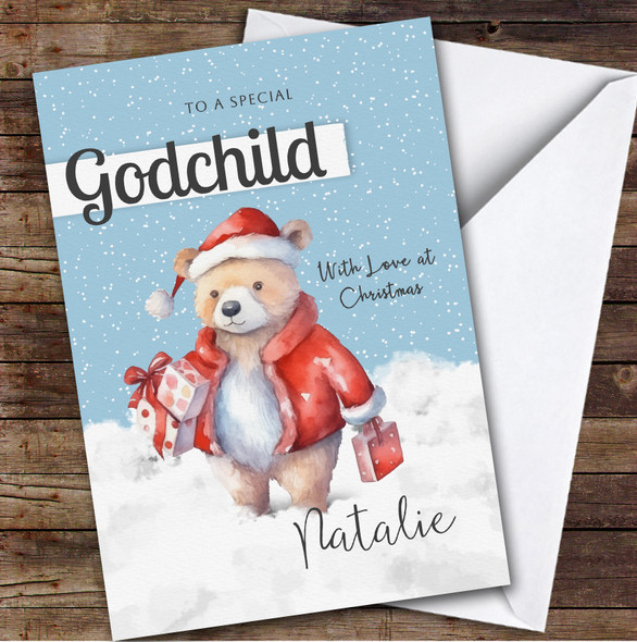 Godchild Watercolor Teddy Bear Custom Greeting Personalized Christmas Card