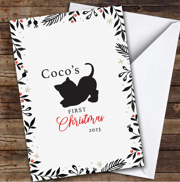 Kitten's 1st First Xmas Floral Custom Greeting Personalized Christmas Card