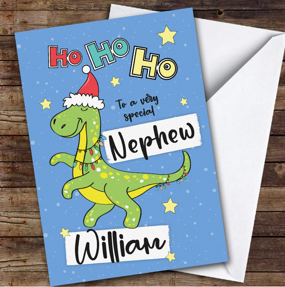 Nephew Dinosaur Blue Stars Custom Greeting Personalized Christmas Card