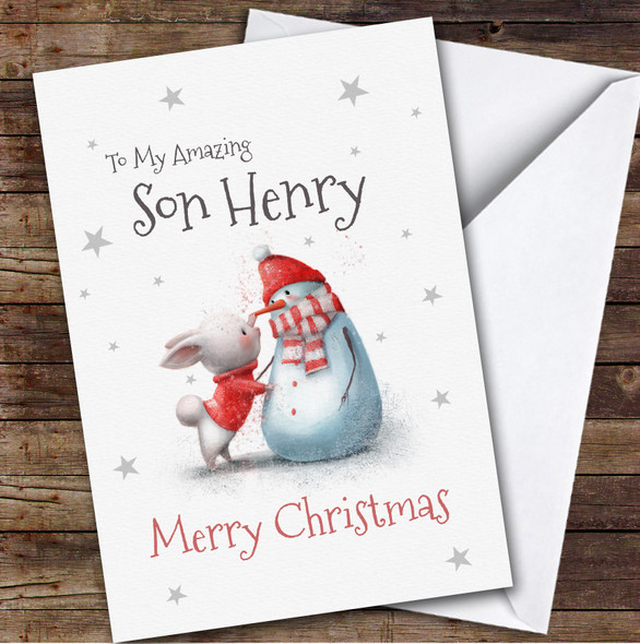 Son Bunny With Snowman Custom Greeting Personalized Christmas Card