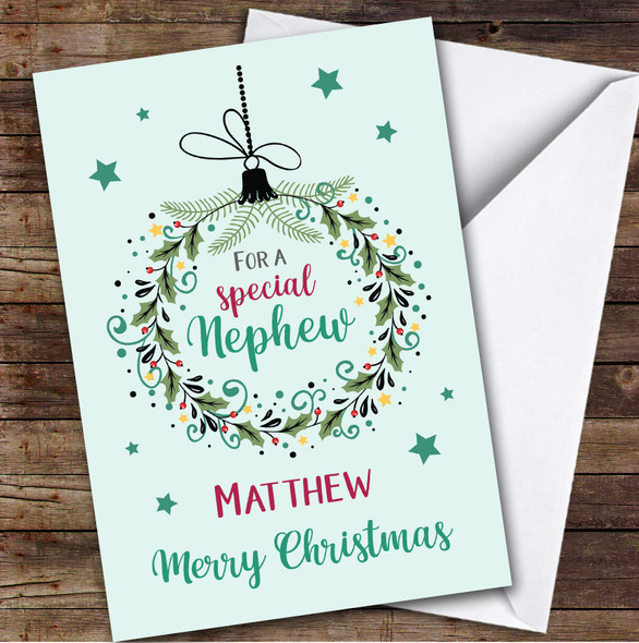 Nephew Bauble Green Custom Greeting Personalized Christmas Card