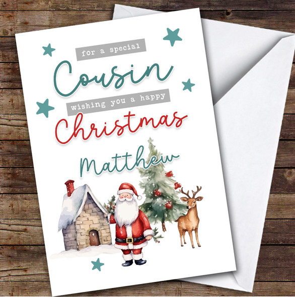 Cousin Santa Scene Custom Greeting Personalized Christmas Card