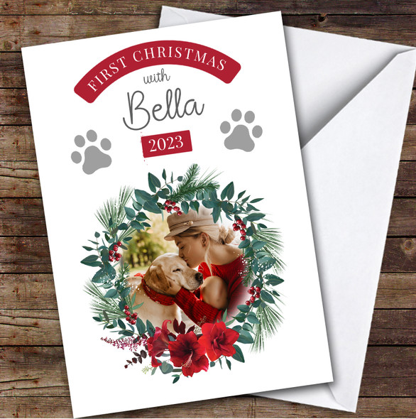 1st First Xmas With Pet Dog Cat Photo Wreath Custom Personalized Christmas Card