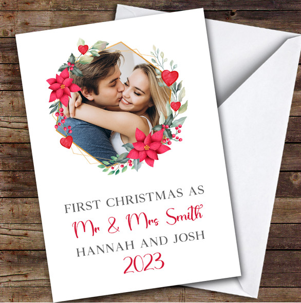 1st First Xmas As Mr & Mrs Married Photo Wreath Personalized Christmas Card
