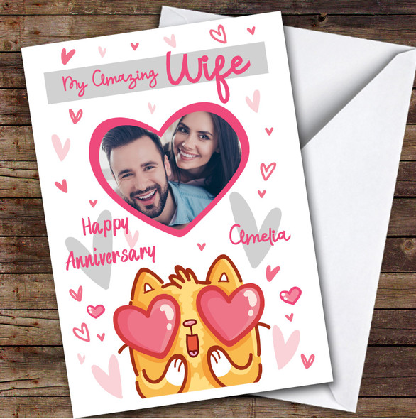 Personalized Heart Eyes Cat Romantic Pink Amazing Wife Happy Anniversary Card