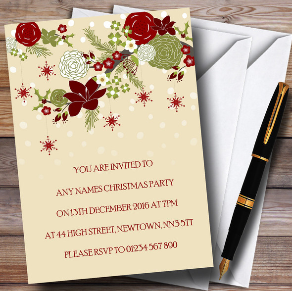 Cream Xmas Flowers Personalized Christmas Party Invitations