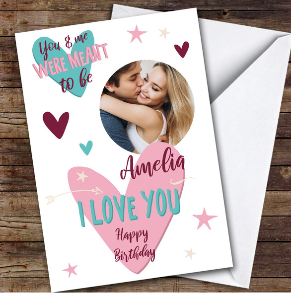 Personalized Pink & Teal Heart Romantic Photo You & Me Happy Birthday Card