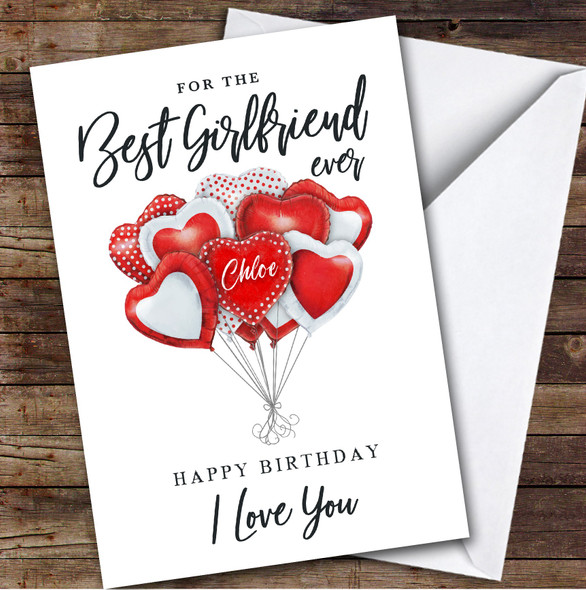 Personalized Red Heart Balloons Best Girlfriend Ever Happy Birthday Card