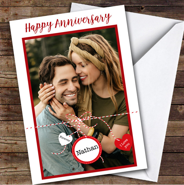 Personalized I Love You Forever Photo Ribbon Hearts Happy Anniversary Card