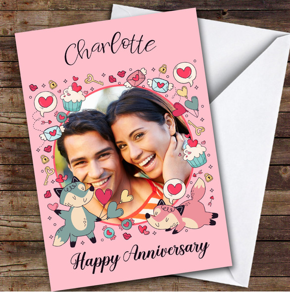 Personalized Romantic Icons Foxes Photo Happy Anniversary Card