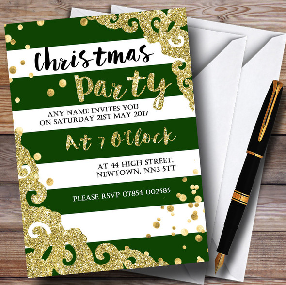 Glitter Border Green Stripes Personalized Christmas Party Invitations