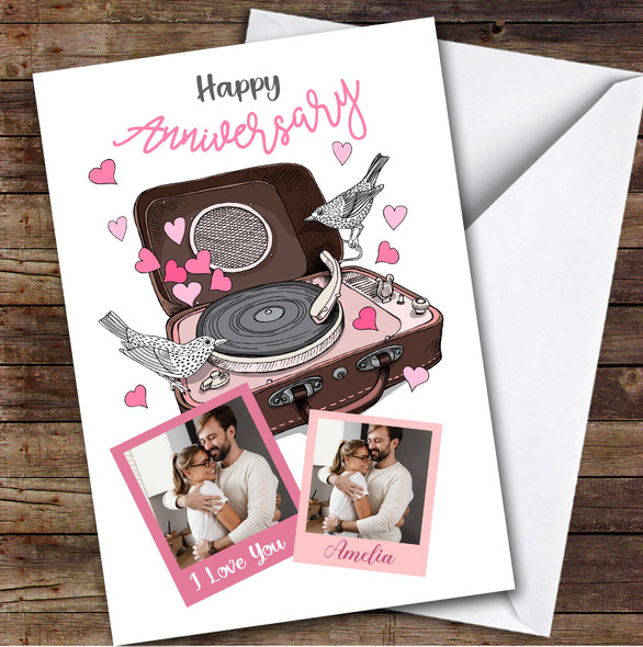 Personalized Two Birds & Hearts Record Player Photo Happy Anniversary Card