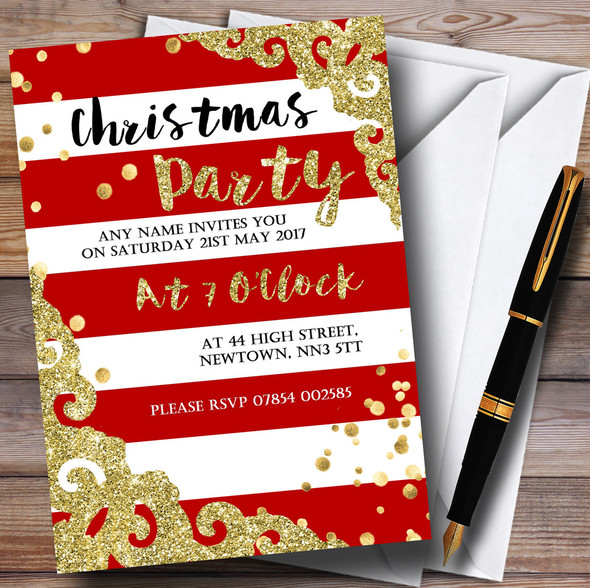 Glitter Border Red Stripes Personalized Christmas Party Invitations