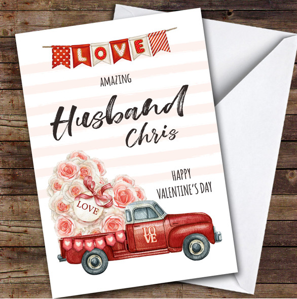 Personalized Valentine's Card For Husband Watercolor Red Love Truck Card