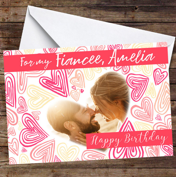 Personalized Pink Peach Heart Doodle For My Fiancée Photo Happy Birthday Card